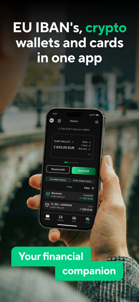 Interface da aplicação móvel Blackcat mostrando saldo da carteira em euros e histórico de transações num smartphone.