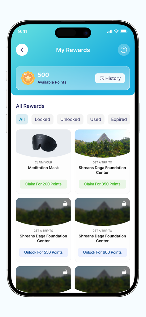 SOUL LAB - SOUL LAB app My Rewards screen displaying available points and redeemable wellness gifts