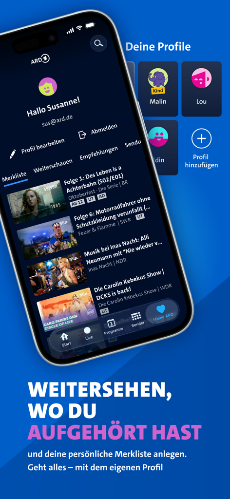 Interfaccia dell'app ARD Mediathek su uno smartphone che mostra profili utente e una watchlist personalizzata per lo streaming tedesco