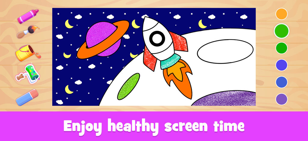 Coloring Pages: for Kids - A space themed coloring page for kids featuring a rocket ship and stars with various art tools