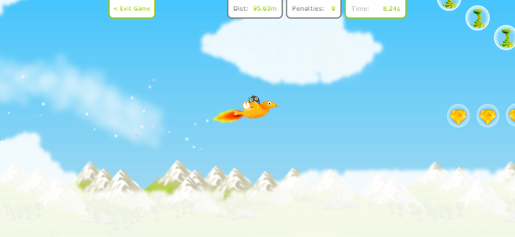 Squeebles Spelling Connect - A Squeeble character riding an orange bird in a flying mini game