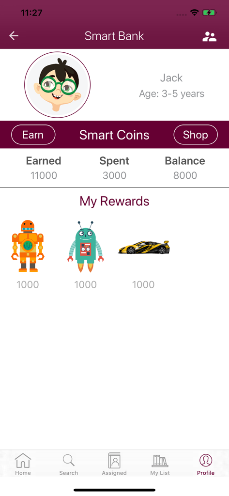 Smart Kidz Smart Classroom app interface showing the Smart Bank screen with student coin balance and earned rewards like robots and a toy car.
