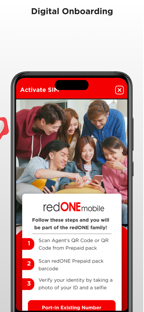 Digital onboarding screen showing the three steps to activate a redONE Prepaid SIM card including QR code scanning and identity verification.