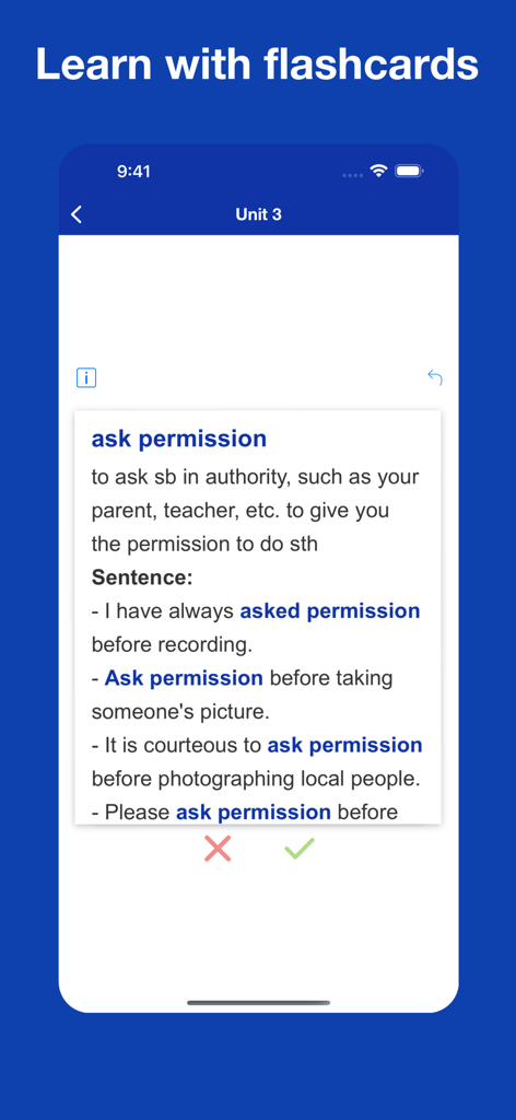 「ask permission」という英語のコロケーションの定義と例文が記載されたフラッシュカード