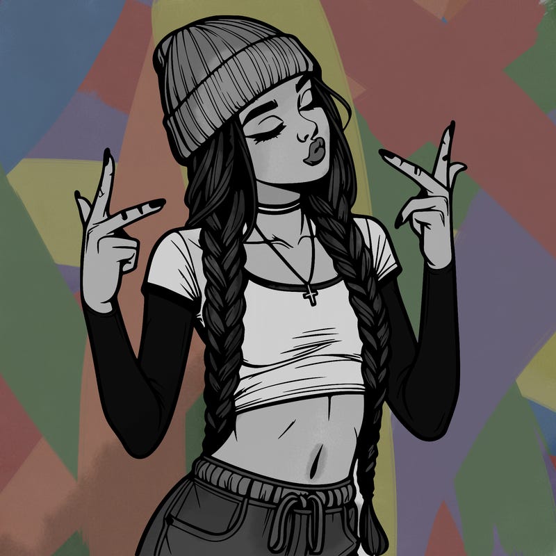 realistic teenage girl with braids and a beanie and crop top doing 🫶🏼