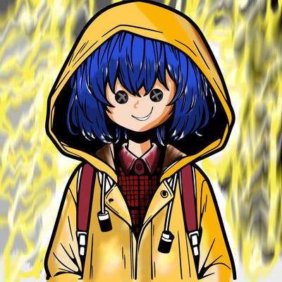 little anime girl in a raincoat her hair is covering her eyes she has a lighter