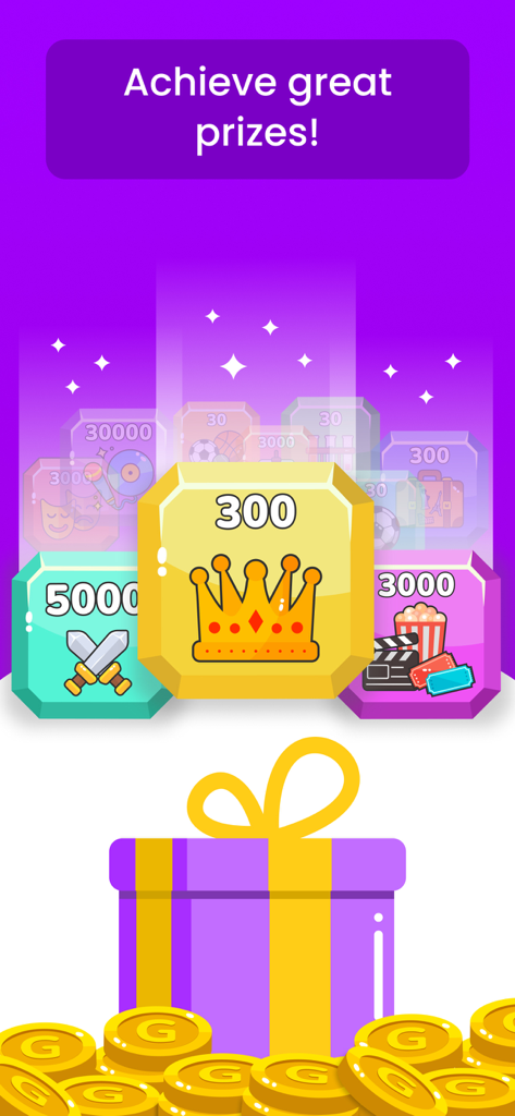 Quizit - Trivia and Knowledge - Quizit app screen displaying achievement prizes including crowns, coins, and a gift box.