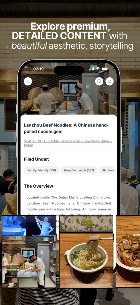 The HUNTR: City Guide - Screenshot of The HUNTR app featuring a detailed restaurant review for Lanzhou Beef Noodles with beautiful food photography.