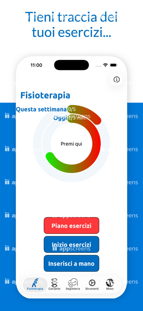 ISICOapp - Interfaz móvil de la aplicación ISICOapp que muestra un anillo de progreso de fisioterapia y botones para iniciar ejercicios o ver un plan de tratamiento.