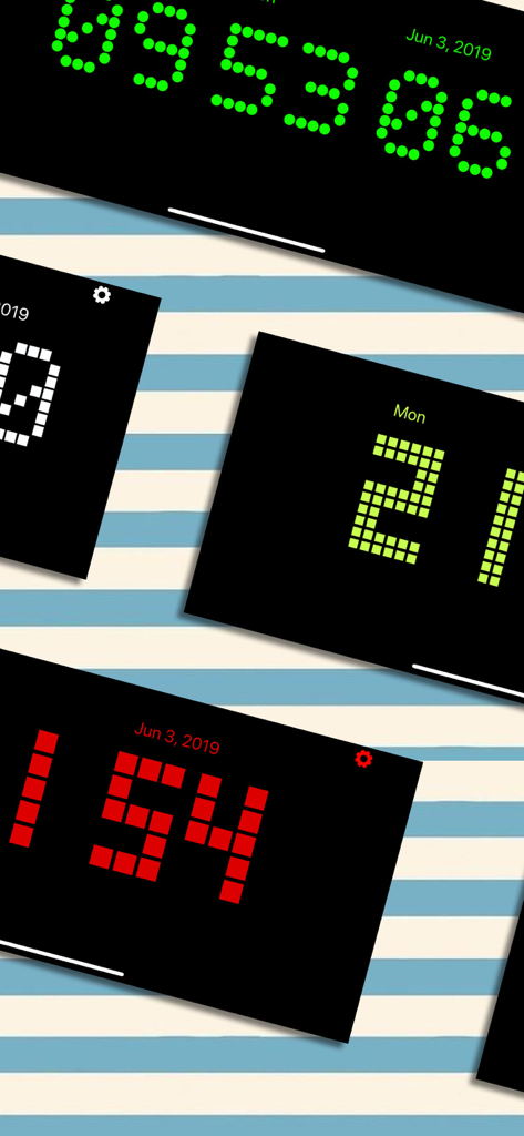 Standby Clock - on Lock Screen - Collage of various colorful dot-matrix digital clock face designs for iPhone Standby mode.