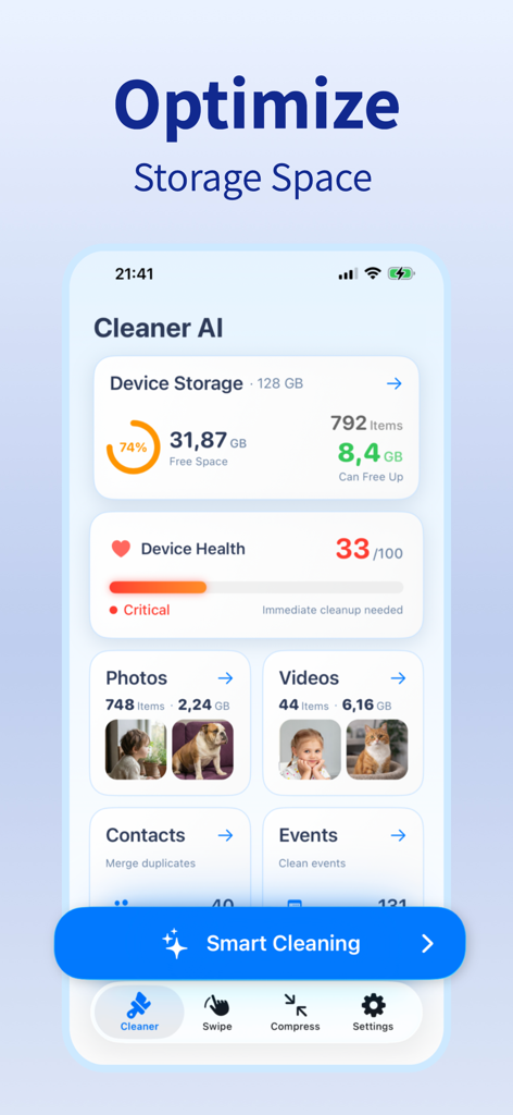 Cleaner AI: Clean Up Storage - Interfaz del panel de Cleaner AI que muestra análisis de almacenamiento y panel de limpieza inteligente con categorías de fotos y videos