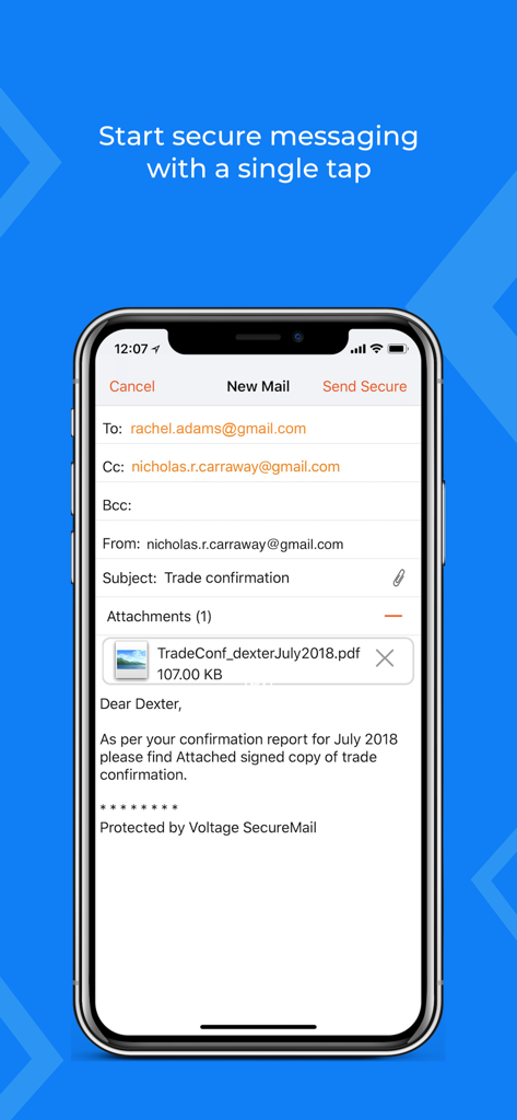 Voltage Mail app interface showing a secure email draft with an encrypted PDF attachment