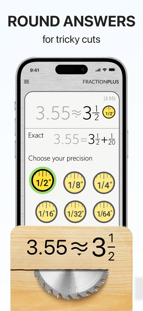 Fraction Calculator Plus #1 - Pantalla de la aplicación Fraction Calculator Plus que muestra opciones de redondeo de precisión para cortes de construcción y carpintería