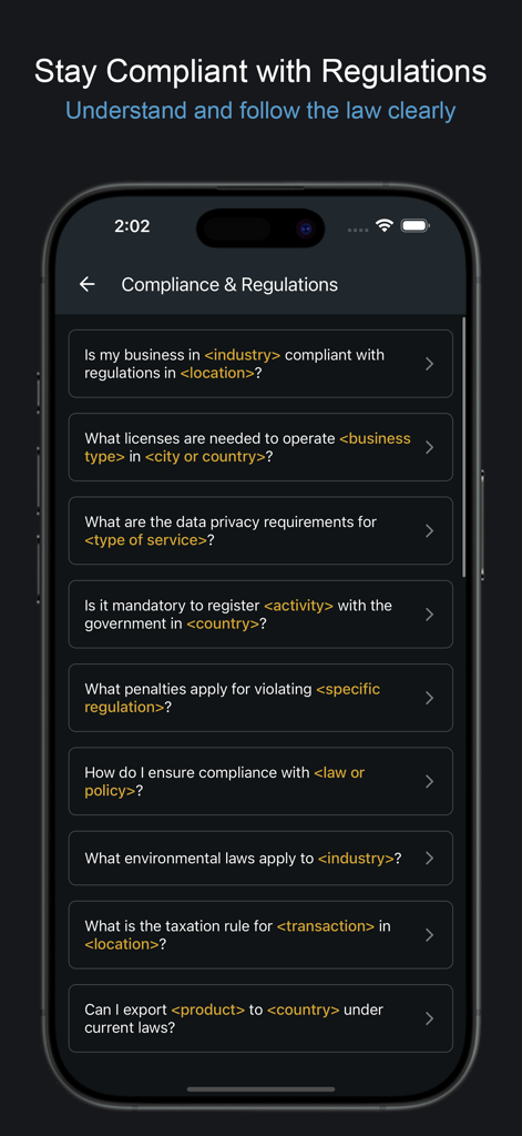 AI Lawyer: Legal Assistant - Schermata di uno smartphone che mostra la sezione Conformità e Regolamenti dell'app Avvocato IA con varie richieste legali