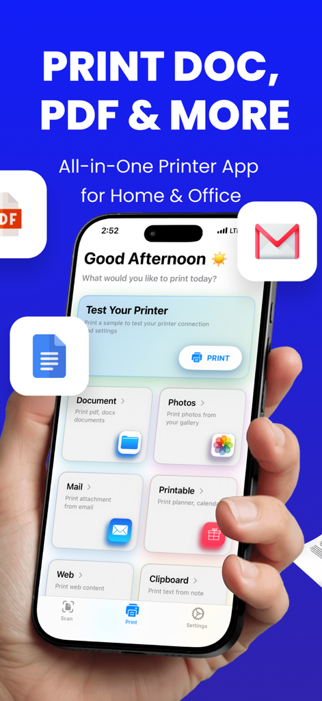 Schermata dell'iPhone che visualizza l'app Air Printer con varie opzioni di stampa come documenti, foto e posta.