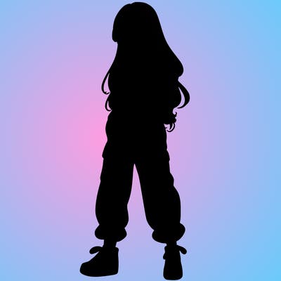 girl in baggy pants crop top and long hair