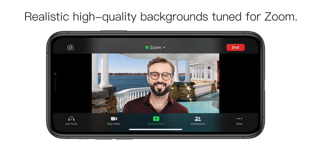 iPhoneでZoomミーティング中にリアルな屋外バーチャル背景を使用するプロフェッショナルな男性