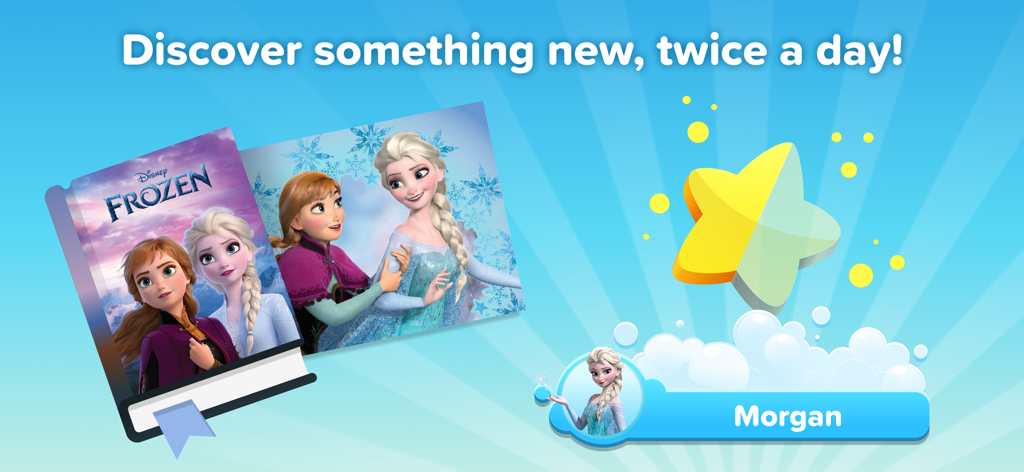 Interface de l'application Disney Magic Timer affichant des autocollants numériques La Reine des Neiges et le profil utilisateur Morgan