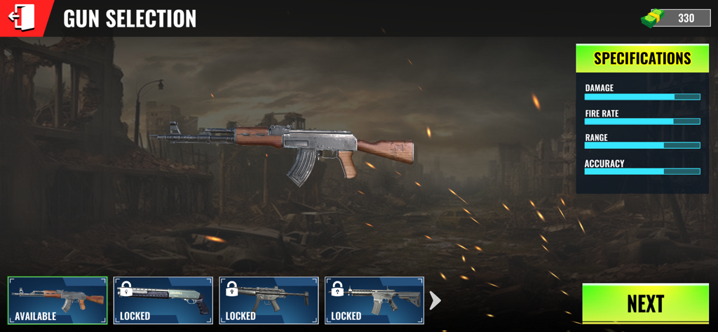 Survive: Zombie Shooting Games - Gun selection menu with weapon stats in a post-apocalyptic survival game.