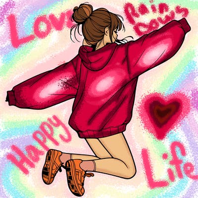 realistic girl jumping with a bun and oversized sweatshirt
