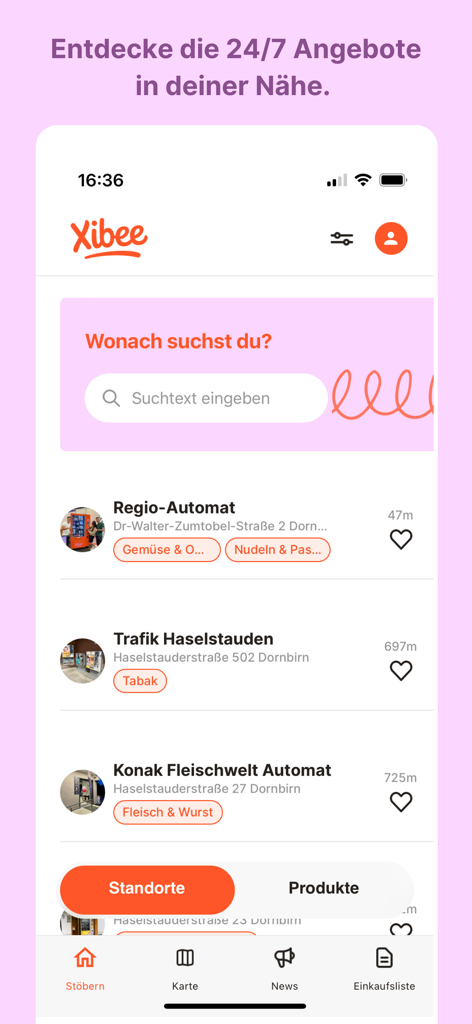 Xibee - Xibee mobile app home screen showing local 24/7 vending machine locations