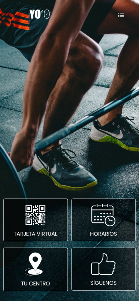 Dashboard of the Acceso YO10 app with menu buttons for virtual card and schedules
