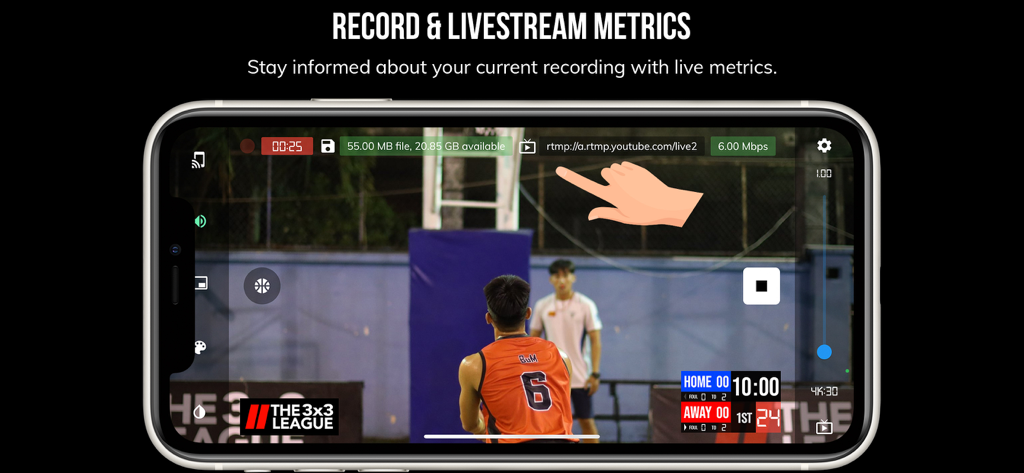 Interfaz de BT Basketball Camera que muestra métricas de grabación y transmisión en vivo