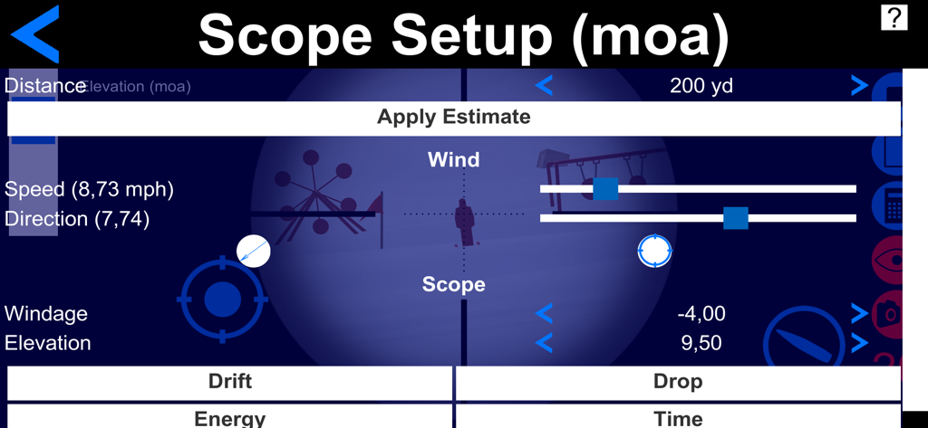 Sniper Range Game - Sniper Range Game scope setup interface for MOA ballistic adjustments