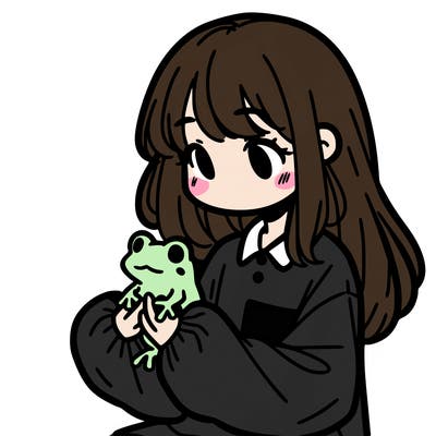 girl with long hair and a oversized shirt. and she is holding a frog