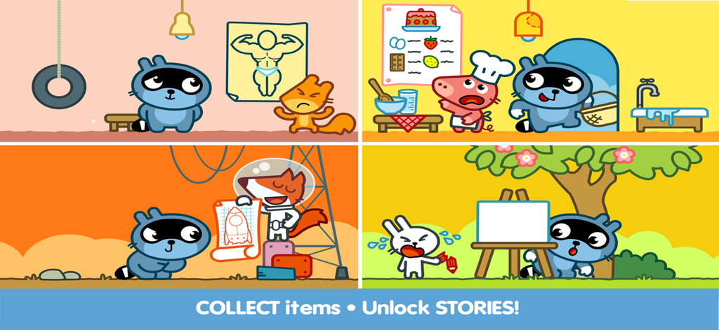 A collage of scenes featuring Pango and animal friends in different themed adventures from the Pango Blocks app