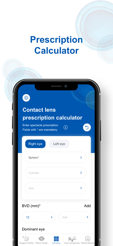 OptiExpert™ - OptiExpert Kontaktlinsen-Verschreibungskalkulator-Oberfläche für Augenpflegeprofis