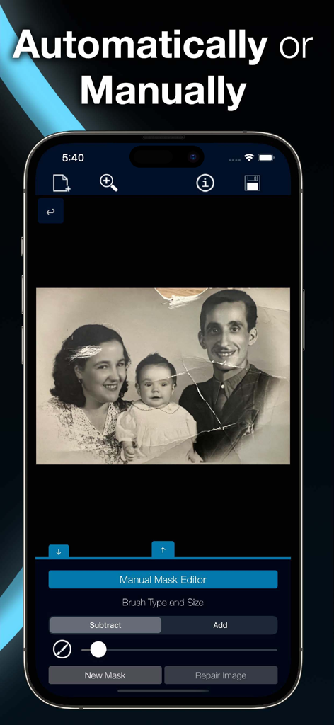 Damaged Photo Restore Suite - Ein beschädigtes Vintage-Familienfoto wird mit dem manuellen Masken-Editor-Werkzeug in der App restauriert