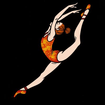 gymnast doing a leap in a leotard with a bent back leg