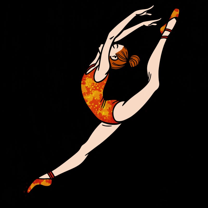 gymnast doing a leap in a leotard with a bent back leg
