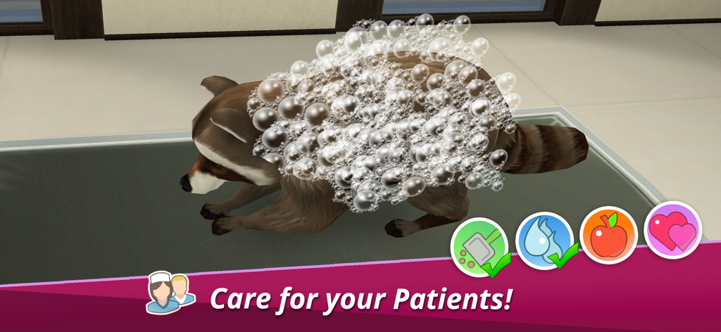 Pet World: My Animal Hospital - Un mapache cubierto de burbujas de jabón siendo limpiado en el juego Pet World My Animal Hospital