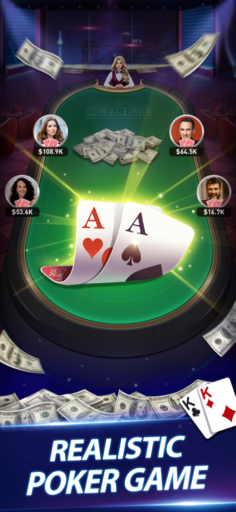 Texas Cash - Win Real Money - Screenshot of Texas Cash mobile app featuring a realistic Texas Holdem poker table with cash rewards and player avatars
