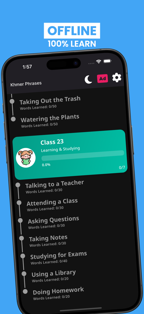 Learn Khmer For Beginners - Interfaz de la aplicación móvil Aprende Khmer para Principiantes que muestra un camino de lecciones estructurado con frases de la vida diaria y un capítulo destacado sobre aprender y estudiar