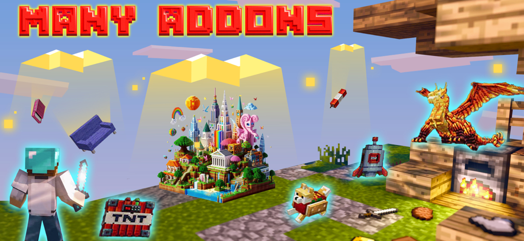 Addons - Mods for Minecraft PE - Una variedad de addons de Minecraft PE con un dragón dorado, TNT y mapas personalizados