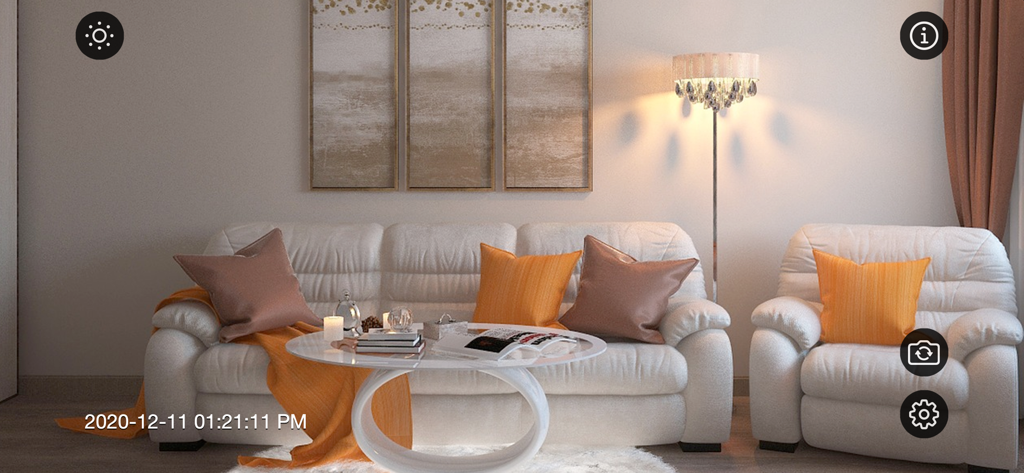 Surveillance interface of the Motion Detector Camera app showing a living room view with timestamp