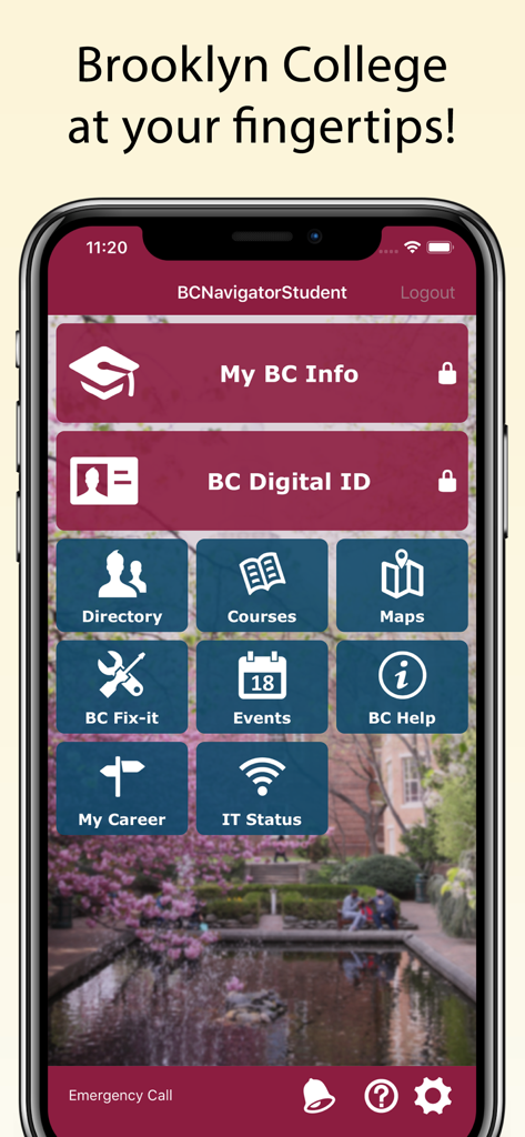 BC Navigator - The main menu dashboard of the BC Navigator app featuring Brooklyn College student utilities such as Digital ID, course schedules, and campus maps.