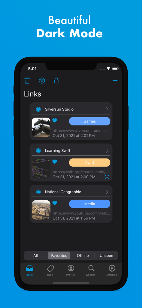 iLinks - iLinks mobile app interface in dark mode showing a visual list of saved link cards with tags and thumbnails