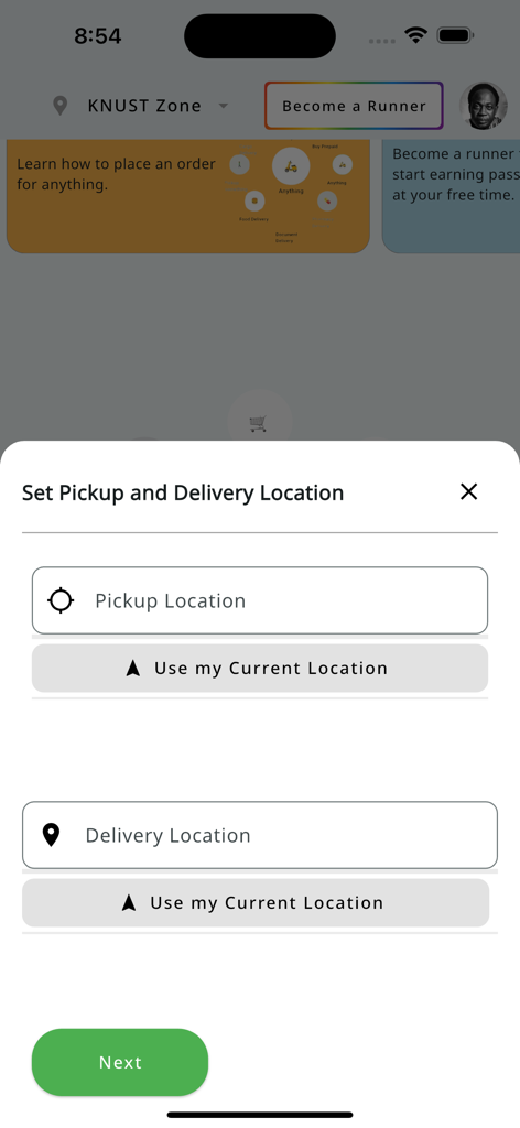 Errand-Earn - Ein modales Fenster in der Errand-Earn App, in dem Benutzer Abhol- und Lieferorte eingeben können