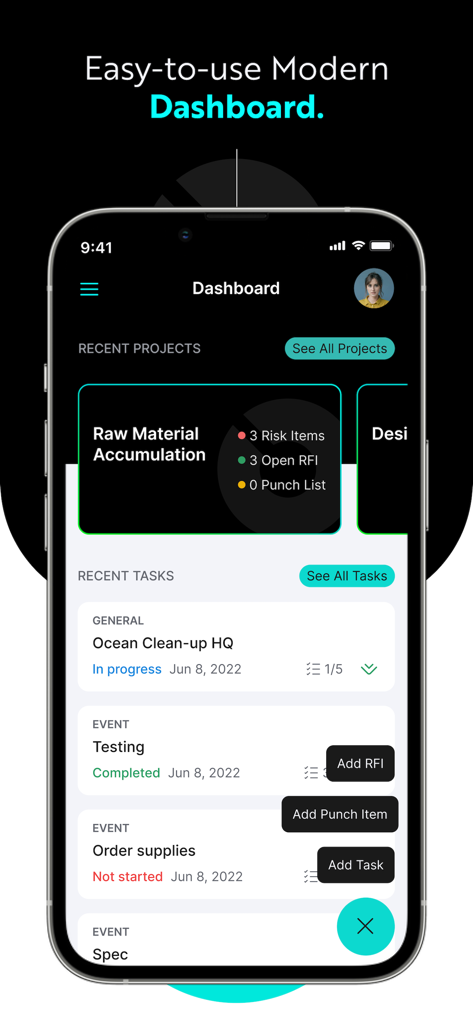 INGENIOUS.BUILD - INGENIOUS.BUILD mobile app dashboard showing recent construction projects and tasks