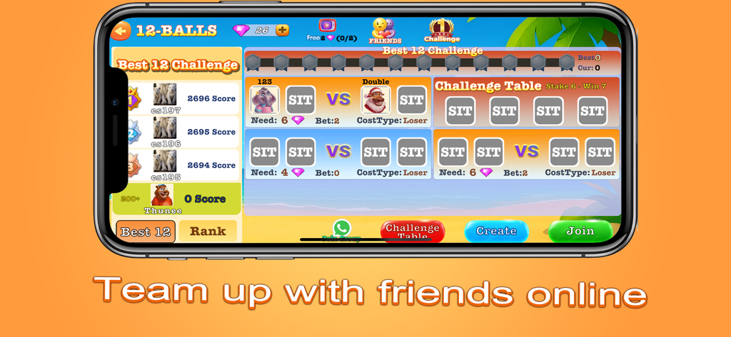 Durban League - Durban League mobile game interface showing the 12-Balls challenge leaderboard and online multiplayer table options for playing with friends