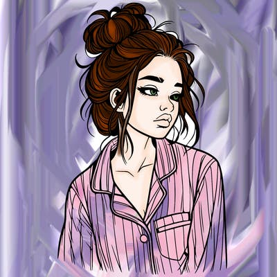 realistic woman with pajamas on and a messy bun
