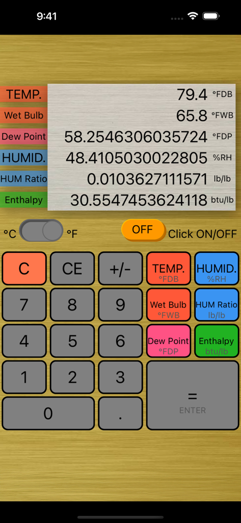 Calculator of Air - Interface of the Calculator of Air app showing psychrometric data calculations