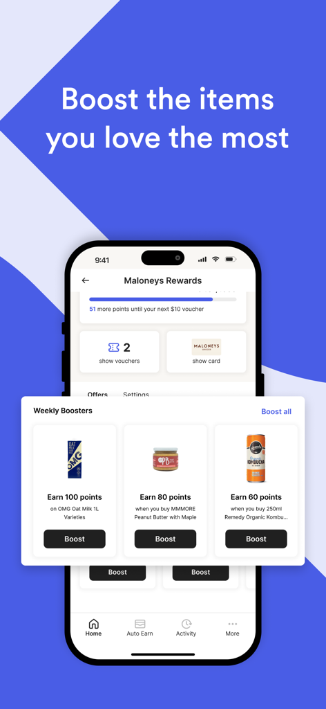 Go Rewards - Loyalty, Receipts - 食料品アイテムで追加のロイヤルティポイントを獲得するための週間ブースターを表示するモバイルアプリのインターフェース。