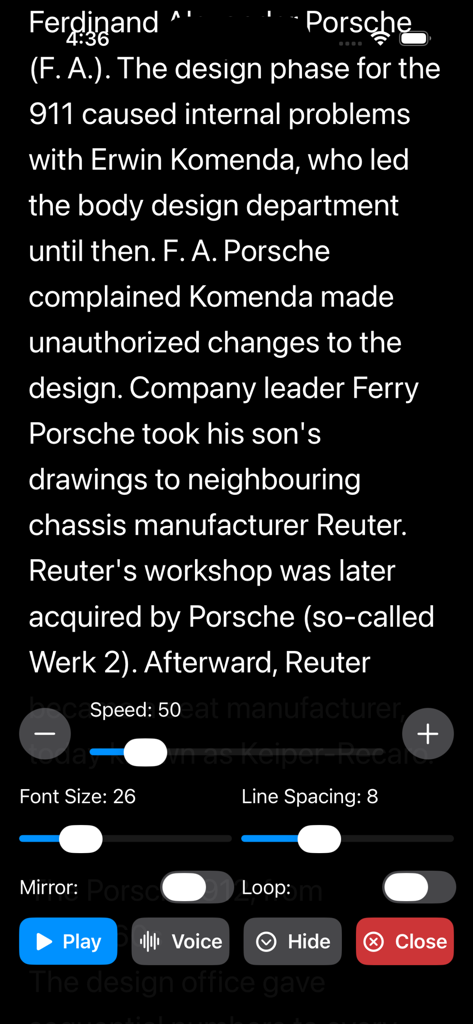 Teleprompter Studio - Interfaz de la aplicación Teleprompter Studio que muestra un guion desplazable con controles de velocidad, tamaño de fuente y modo espejo en tema oscuro