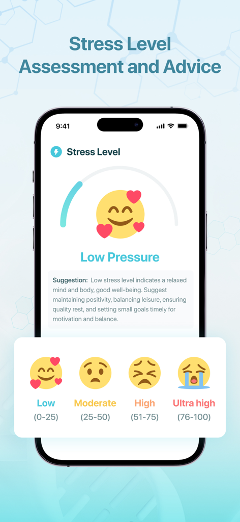 HeartRate Monitor & EZ Fasting - Stress level assessment interface showing low pressure status and lifestyle advice