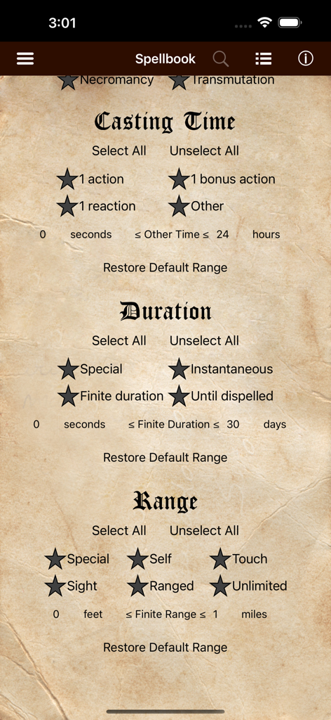 D&D Spellbook 5e - D&D Spellbook 5e app interface showing filtering options for casting time duration and range on a parchment background